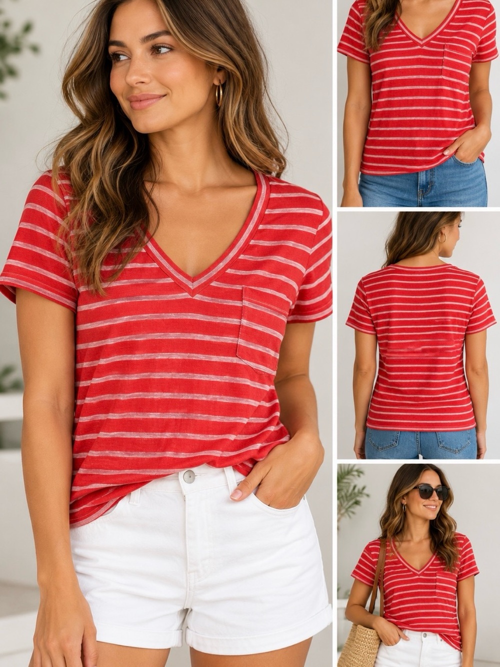 J.Crew 100% Linen Red Pink Striped V-Neck Pocket Tee XS Coastal Preppy